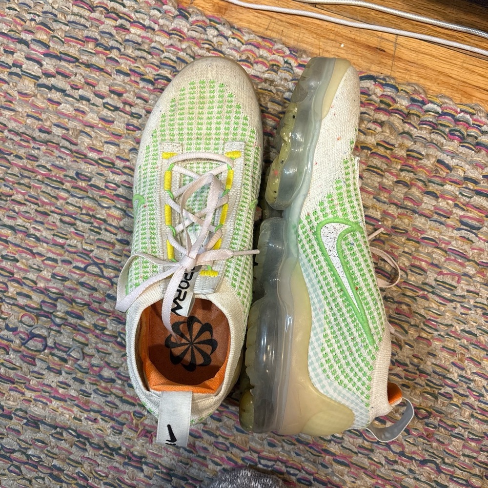 Nike Women’s Green and White VaporMax Knit Sneakers with Yellow Accents